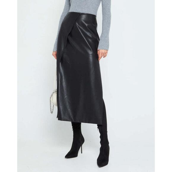 O.P.T Isle Vegan Leather Midi Skirt - S - Black - Picture 1 of 4